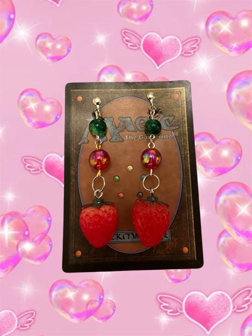 Strawberry Drop Dangle Earrings with Colorful Beads clip ons